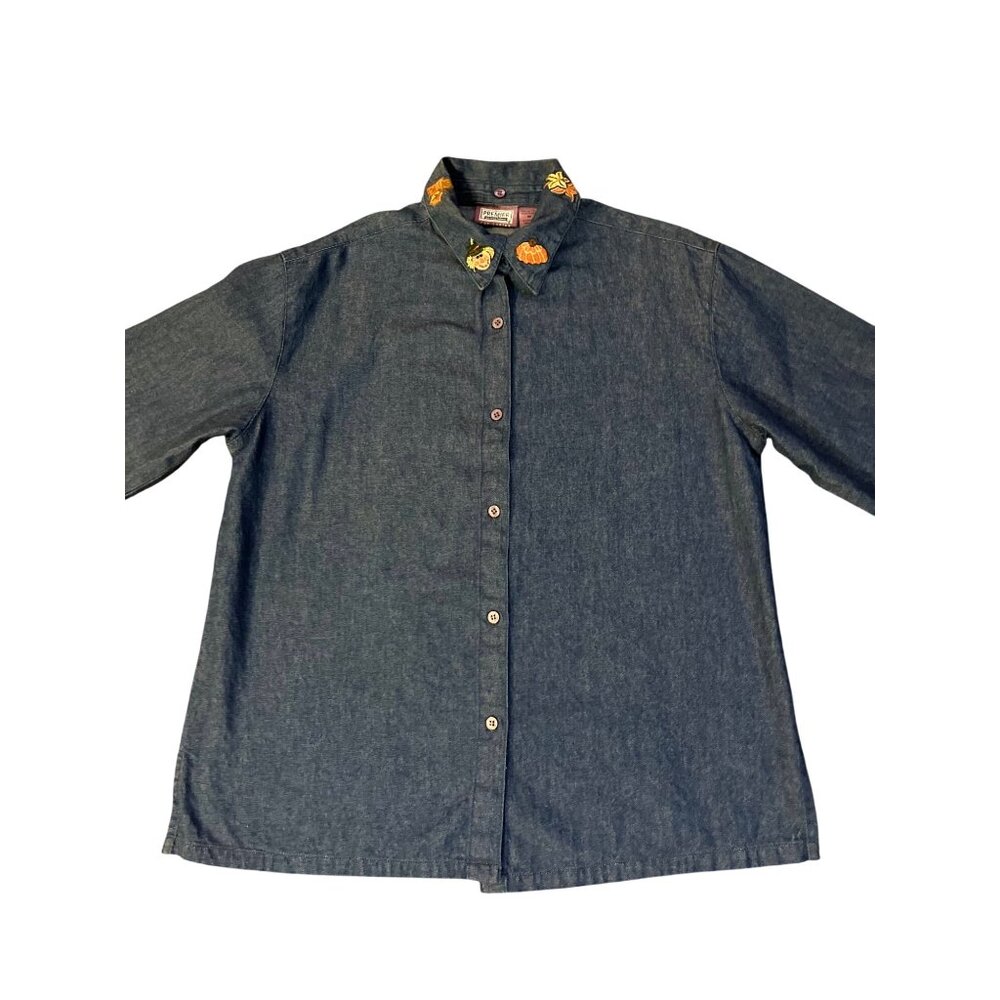 Vintage 90s Premier International Denim Blouse Womens M Removable Collar Pumpkin - Picture 14 of 16
